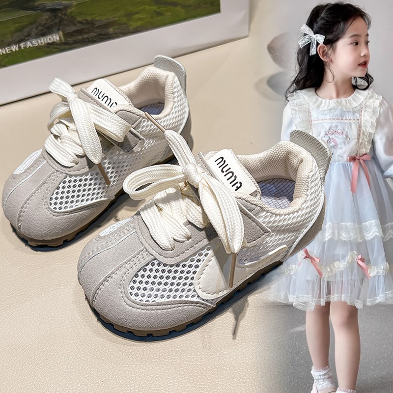 韩版儿童德训鞋复古春夏女童软底网面休闲鞋魔术贴女孩透气运动鞋