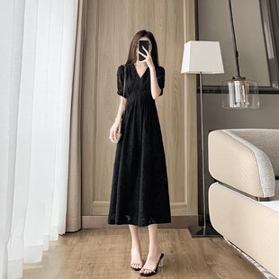 气质收腰a字裙子女 2024新款 高级感黑色提花法式 雪纺连衣裙女夏季