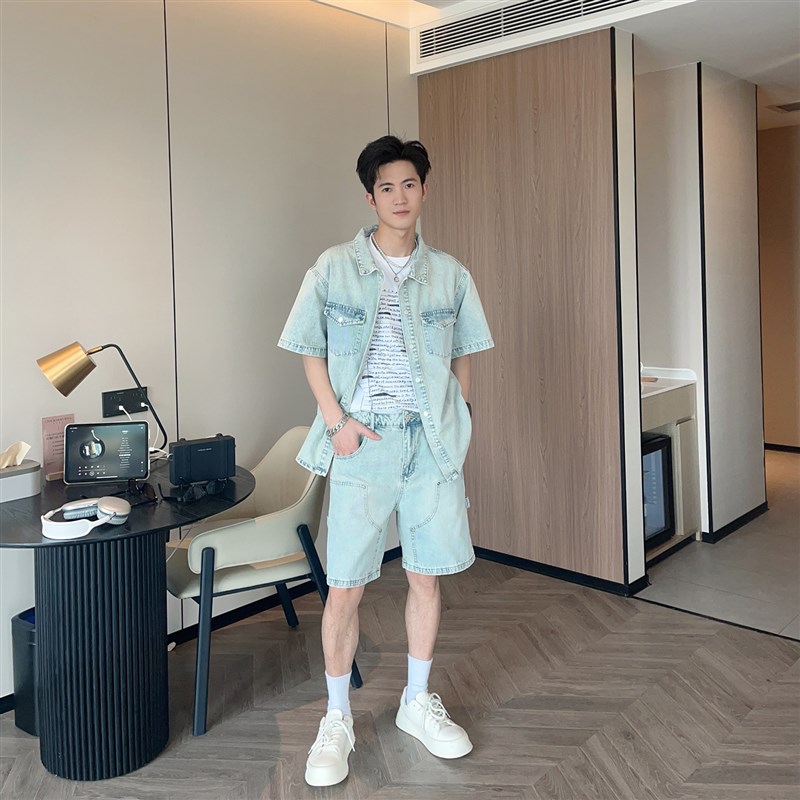 夏季美式复古工装短袖衬衫牛仔套装男生设计感牛仔外套短裤两件套