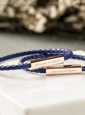 简约不锈钢编制皮绳情侣手链黑色红色支持刻字七夕男女手绳礼物