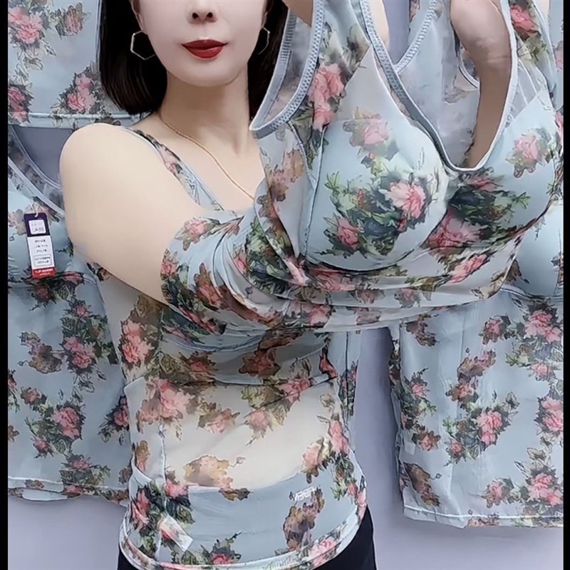 妈妈中年无钢圈背心式吊s带带胸垫一体大码文胸收副乳薄款内衣胖m
