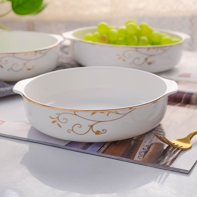 加深带耳朵骨瓷盘子菜盘家用陶瓷双耳深盘焗饭窝盘日式汤盘餐盘