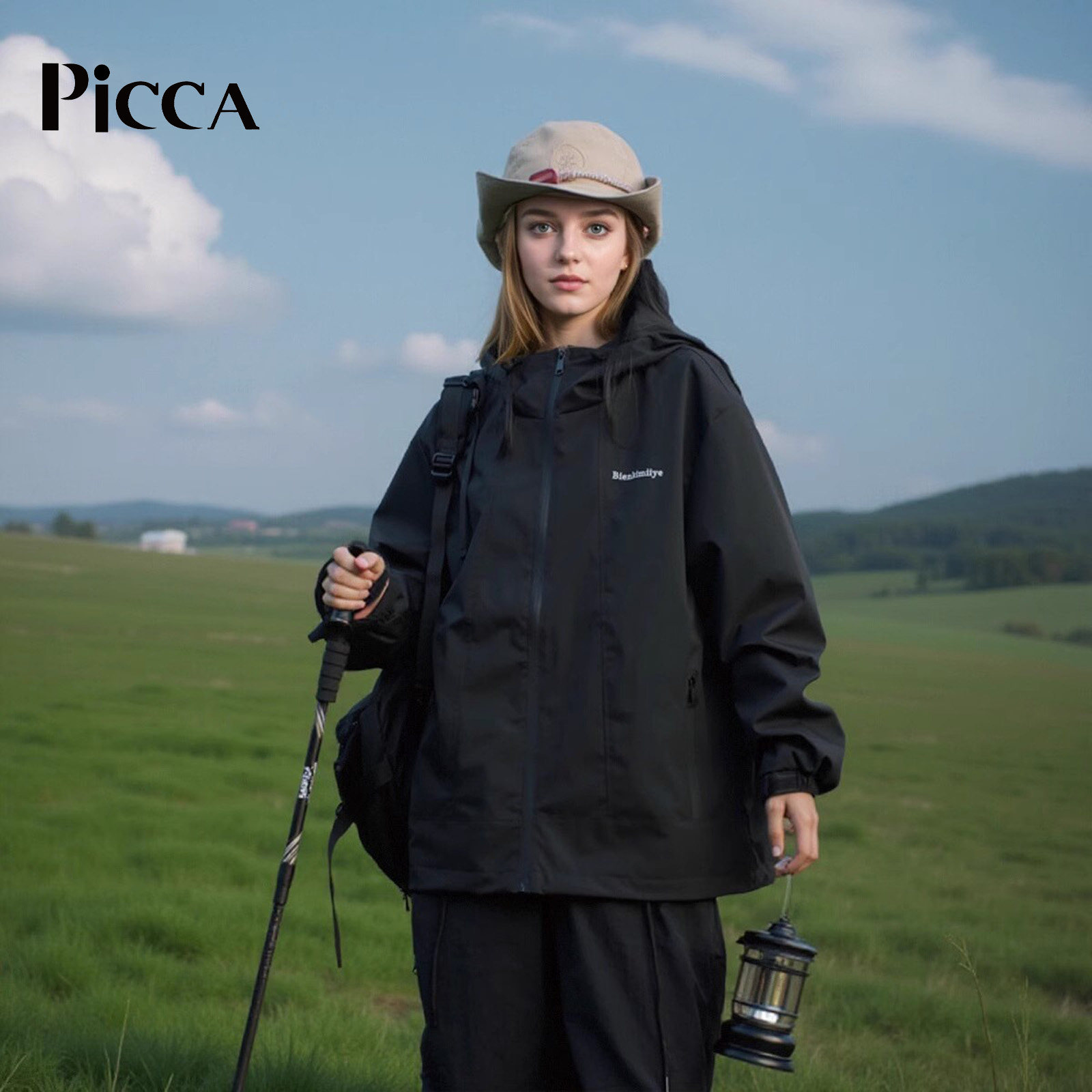 PICCA刺绣Logo山系户外运动简约连帽外套宽松情侣登山棒球服夹克