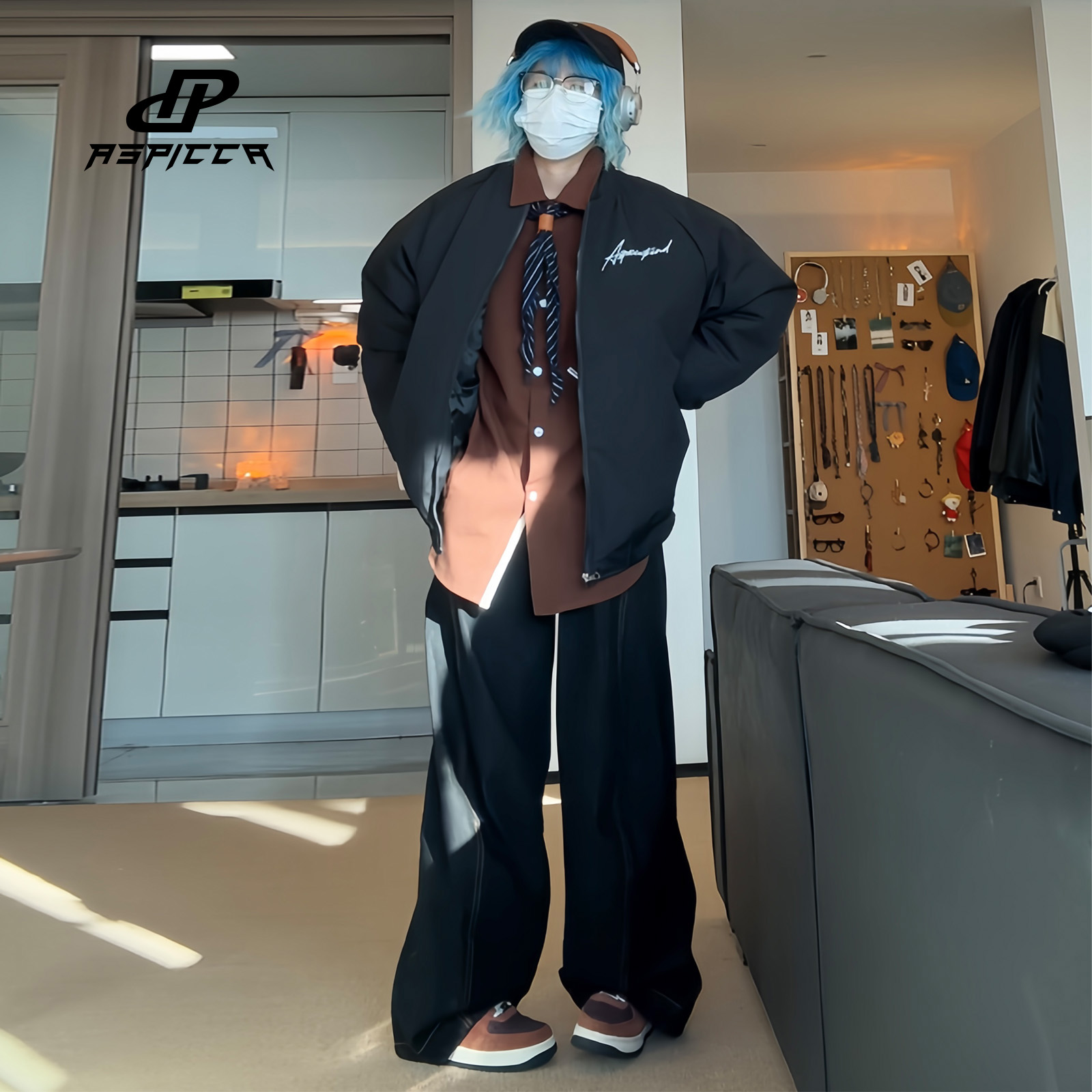 Picca 美式复古手写字母Logo印花卡通贴标潮流拉链宽松加厚棉服