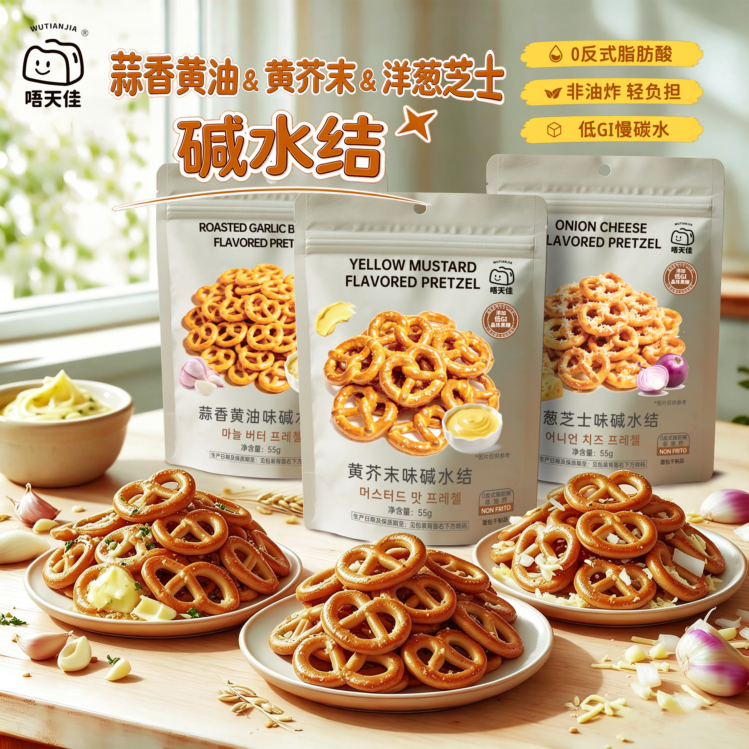 唔天佳洋葱芝士黄芥末蒜香黄油味碱水结饼干蝴蝶结办公室休闲零食