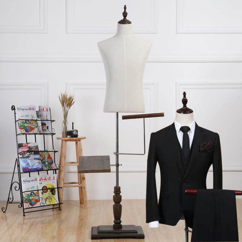 半身包布男模特道具 服装男模特展示架高档麻布模特实木底