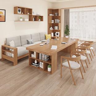 北欧实木客厅大长书桌配沙发书架书柜一体多功能双人学习桌带抽屉