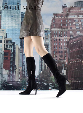 Morrell Maxie黑色高筒靴女冬季直筒高跟真皮筒靴｜MW244042BK