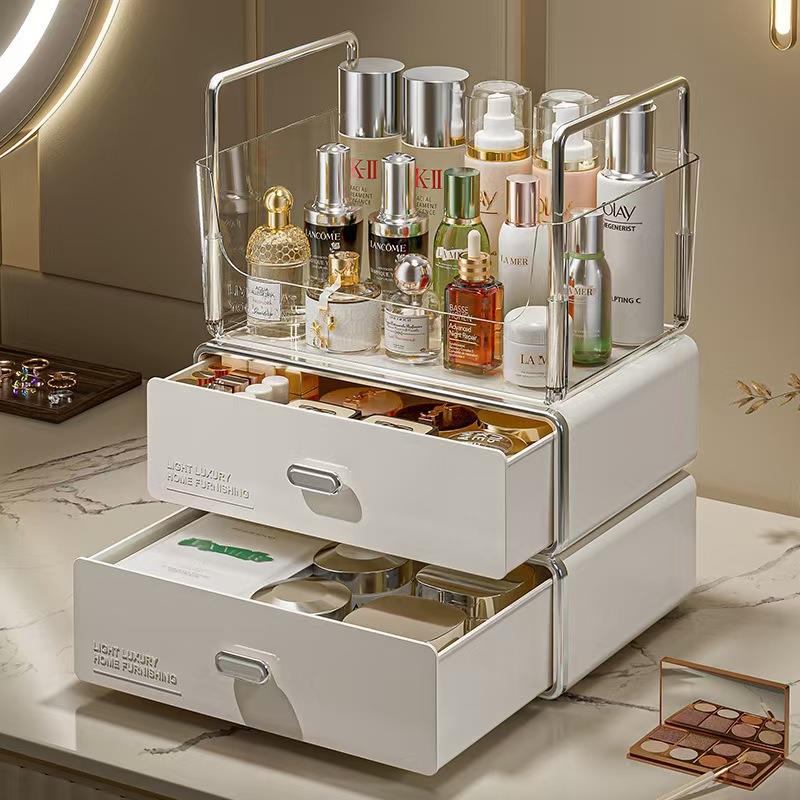 抽屉式化妆品桌面收纳盒透明PET 可叠加首饰分格梳妆台储物整理盒