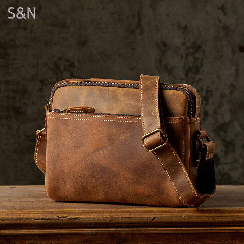 手工牛皮休闲单肩包男横款方形简约百搭斜挎包复古青年拉链男包包