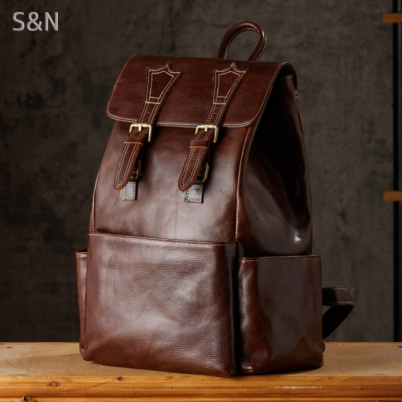 手工原创牛皮双肩包男时尚潮流真皮背包旅行包复古头层牛皮书包潮