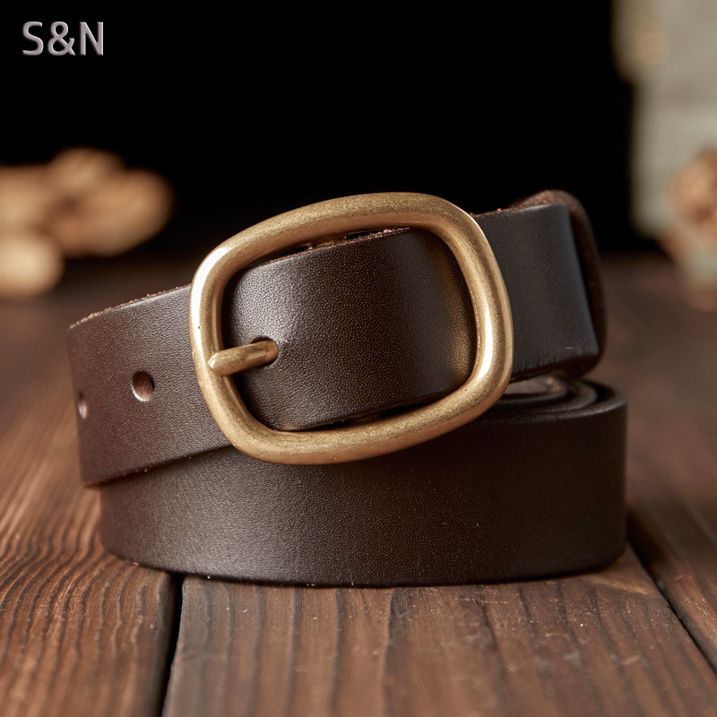 手工头层牛皮带女士真皮铜针扣腰带时尚牛仔裤带简约韩版休闲百搭