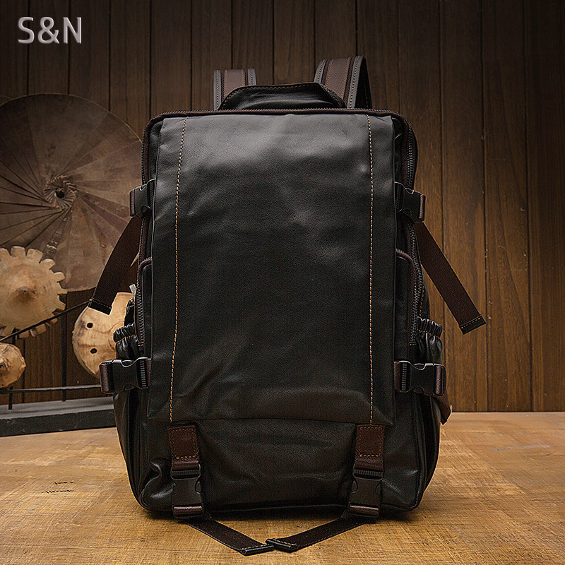手工牛皮旅行双肩包男真皮商务休闲油蜡皮背包电脑包潮流个性书包