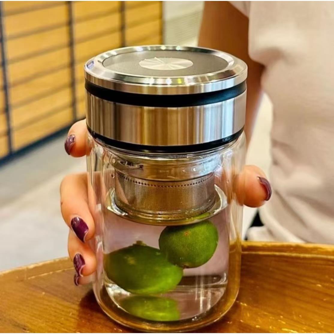 矮胖双层玻璃杯女高颜值水杯小巧便携加厚隔热泡茶杯茶水分离杯子