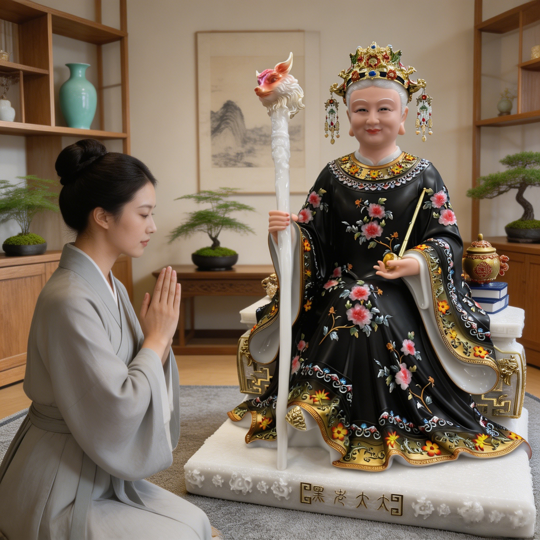 黑老太神像坐山供奉家用汉白玉铁刹山黑妈妈像黑奶奶真身像摆件