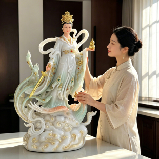九天玄女像汉白玉供奉家用九天玄女娘娘神像彩绘工艺品摆件站像