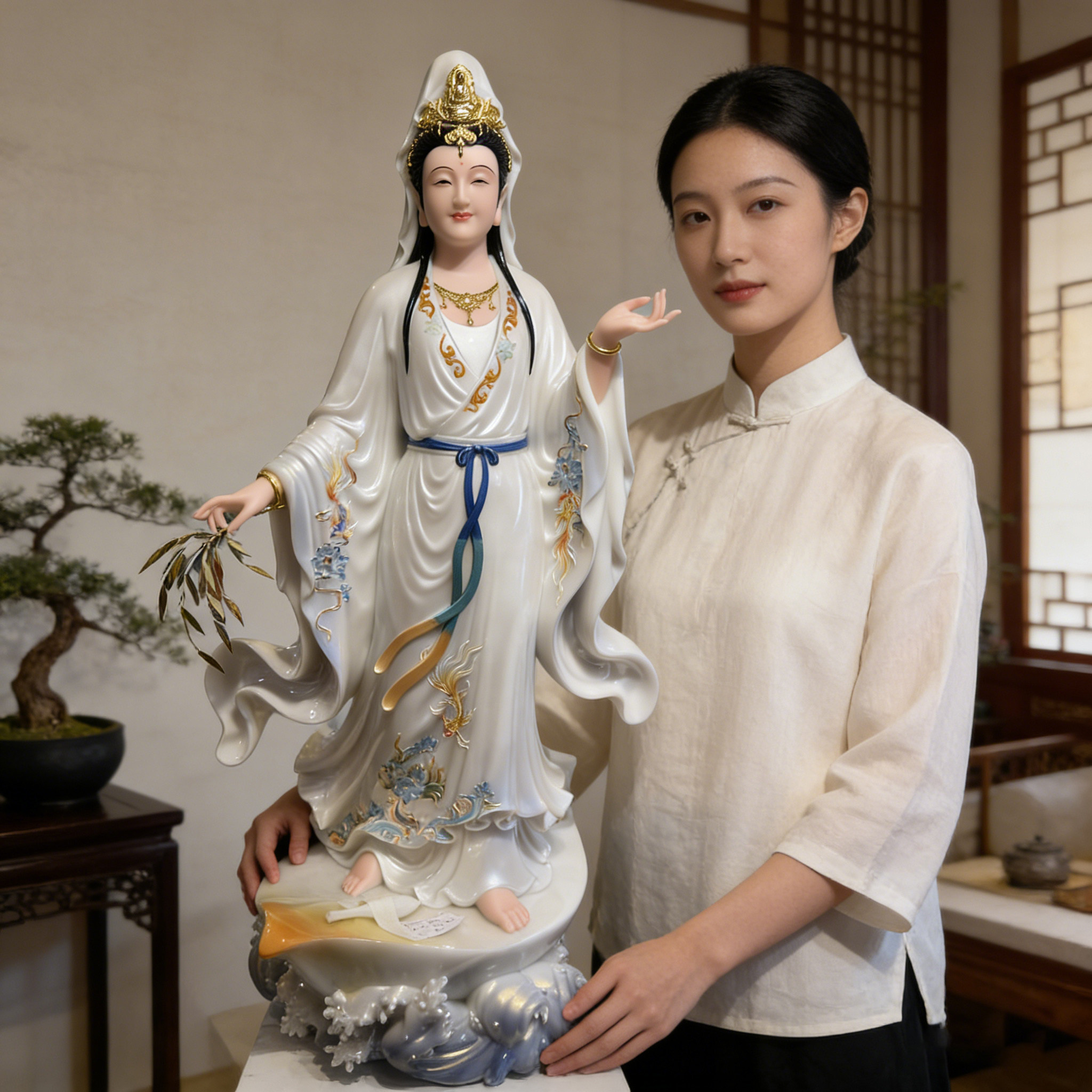 仿汉白玉一叶观音菩萨家用供奉南海观音佛像观世音站像摆件