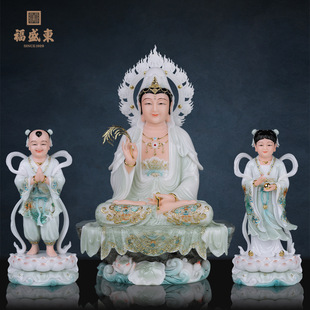 童子拜观音菩萨供奉家用金童玉女带背光禅定观音南海观音善财童子