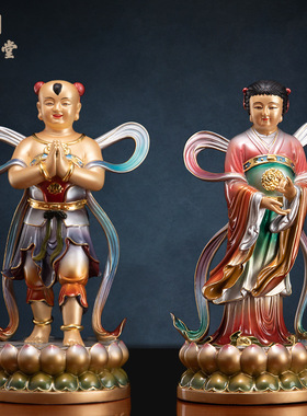 铜中式佛堂善财童子龙女装饰摆件