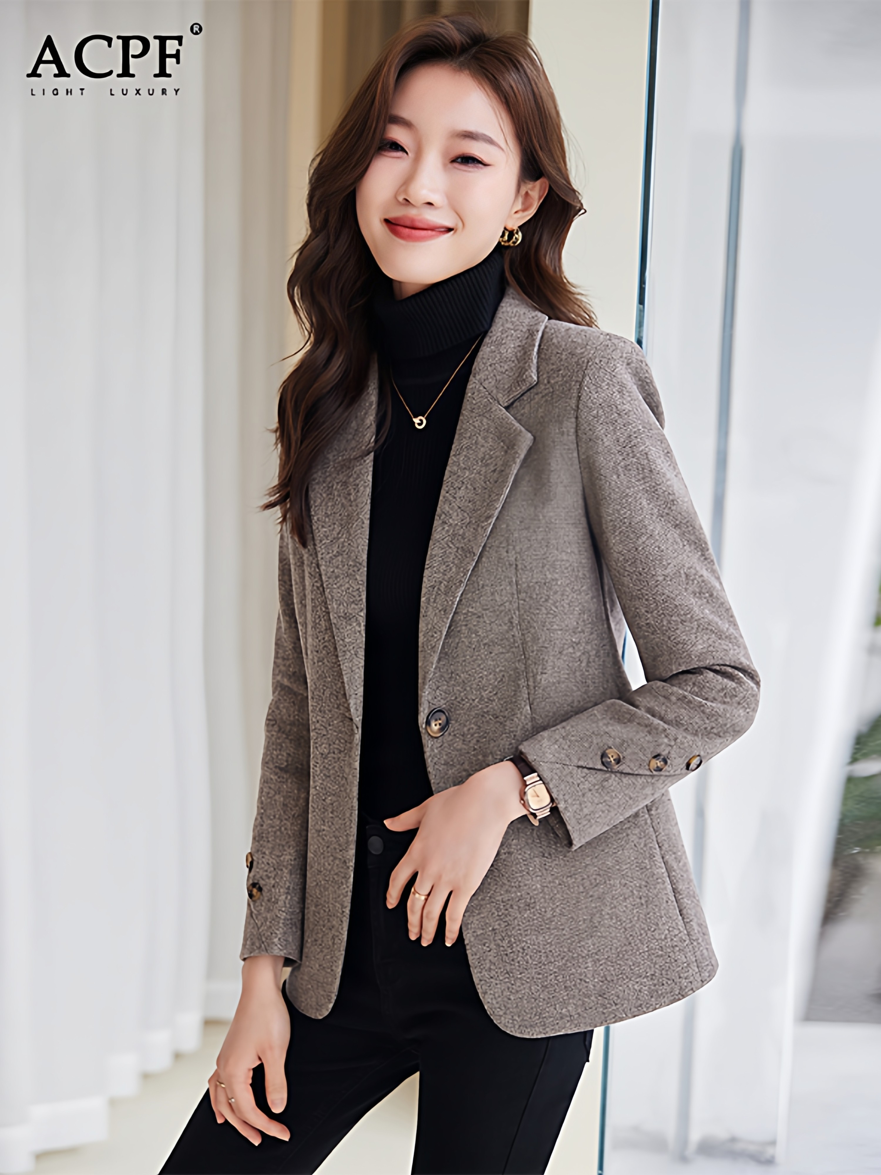 休闲毛呢西装外套女秋冬季夹棉加厚修身短款上衣气质百搭通勤套装