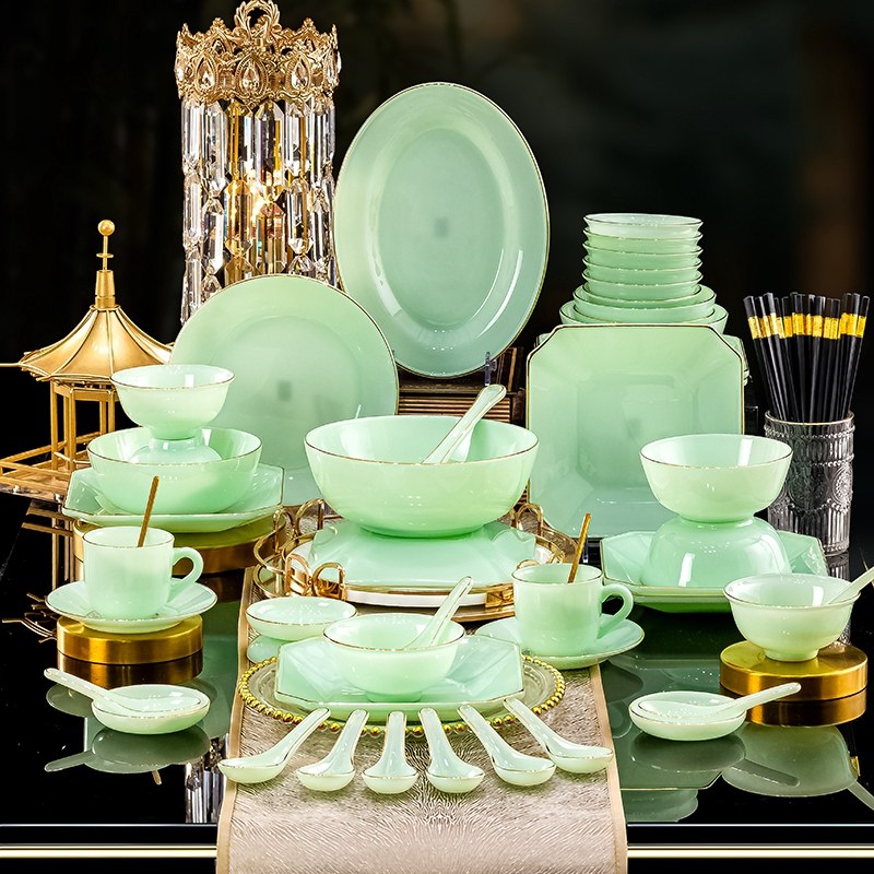 【果绿玉瓷】景德镇玉瓷餐具套装碗盘家用釉下彩碗碟轻奢高档乔迁,餐饮具,餐具瓷器套装,淘宝优惠券,粉丝福利购,淘宝优惠卷