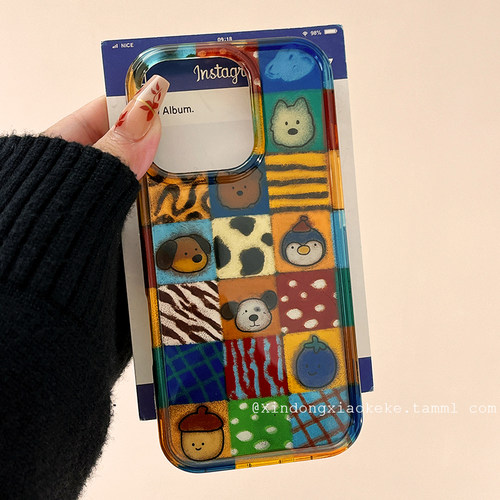 简约拼接格纹满屏动物手机壳