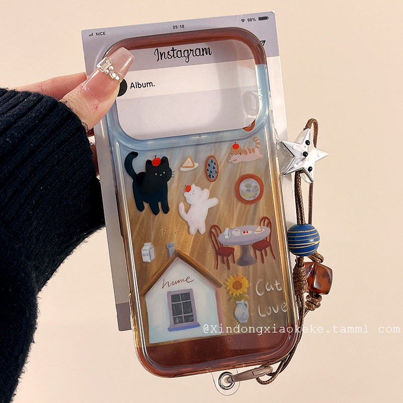 复古棕涂鸦餐桌小黑猫适用苹果iPhone17ProMax手机壳16pro新款14带挂绳13小众女14promax硅胶15pro创意17全包,3C数码配件,手机保护套/壳,淘宝优惠券,粉丝福利购,淘宝优惠卷