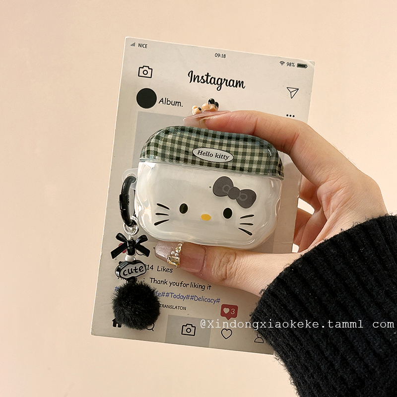 可爱卡通格纹HelloKitty适用苹果新3代airpods4蓝牙无线耳机保护套airpods1/2新款airpodspro2二代耳机壳女款