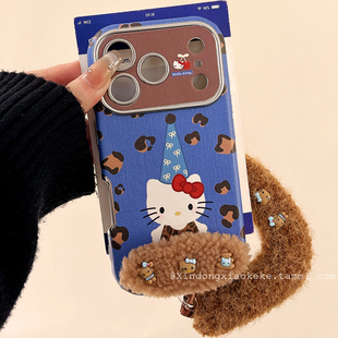 卡通可爱豹纹HelloKitty带支架挂绳适用苹果iPhone17ProMax手机壳16pro新款15小众14promax硅胶17pro创意全包