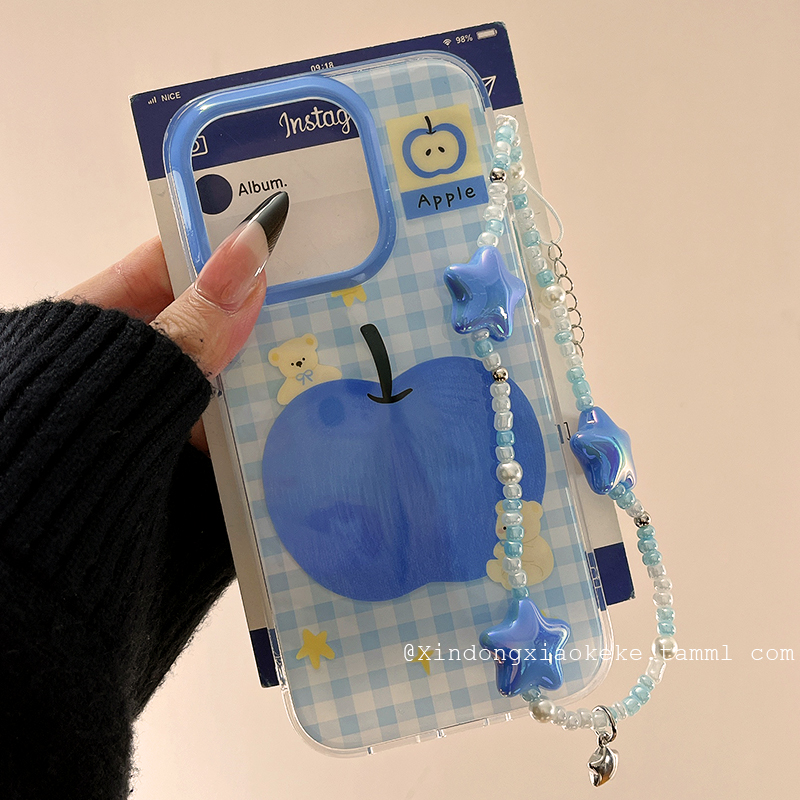 日韩蓝格纹可爱小熊苹果适用苹果iPhone16ProMax手机壳15新款14带链条13小众14promax女款15pro硅胶16Pro全包