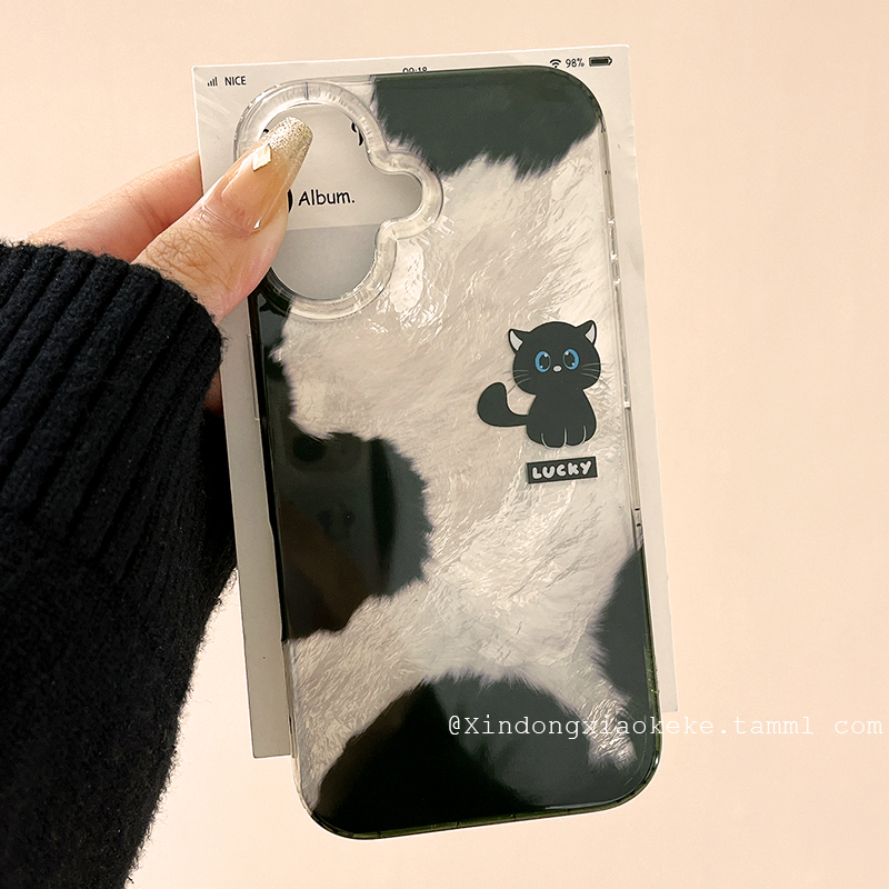 简约清新奶牛纹黑色猫咪手机壳