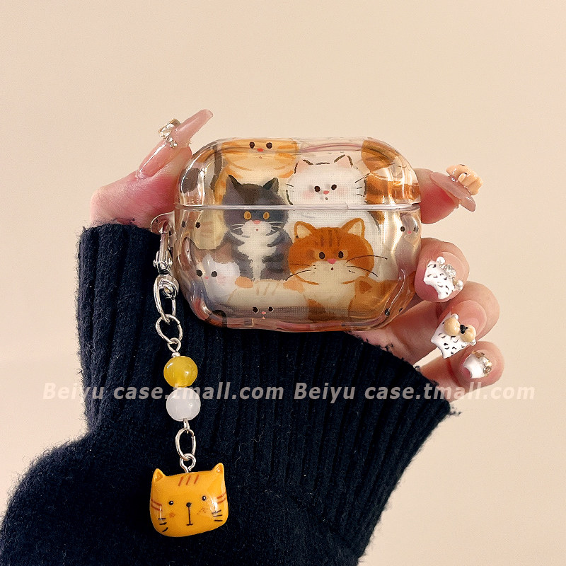 可爱卡通涂鸦猫咪带挂件适用airpodspro3苹果无线蓝牙耳机壳airpods4新款airpods1/2代耳机套pro全包保护套女