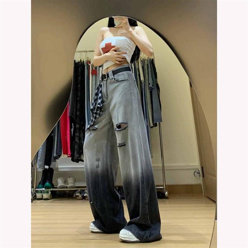 渐变色破洞阔腿牛仔裤女2025夏季新款宽松显瘦设计感直筒拖地裤子