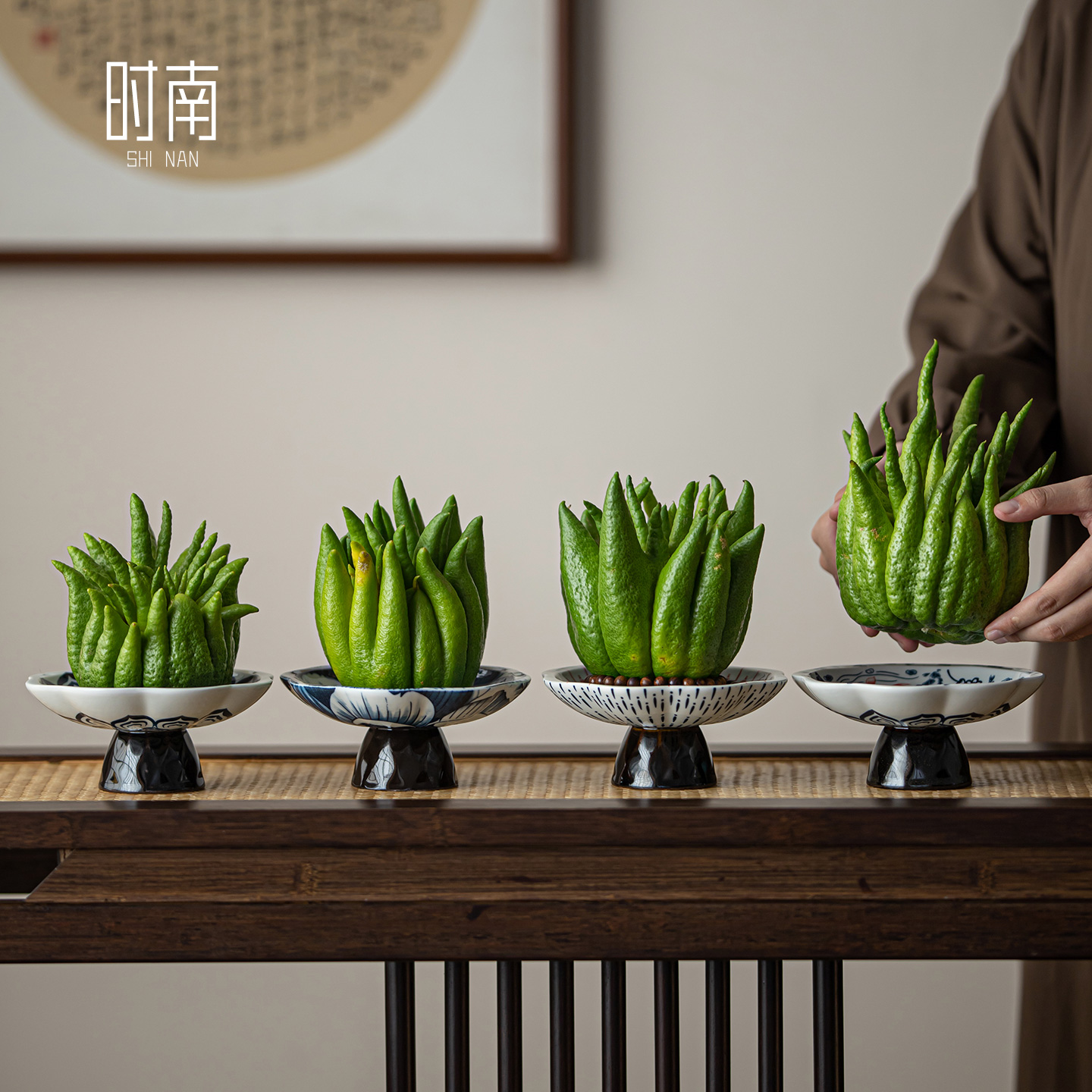 青花瓷佛手柑托盘器皿陶瓷高脚盘中式禅意风佛手瓜专用摆放盘佛手