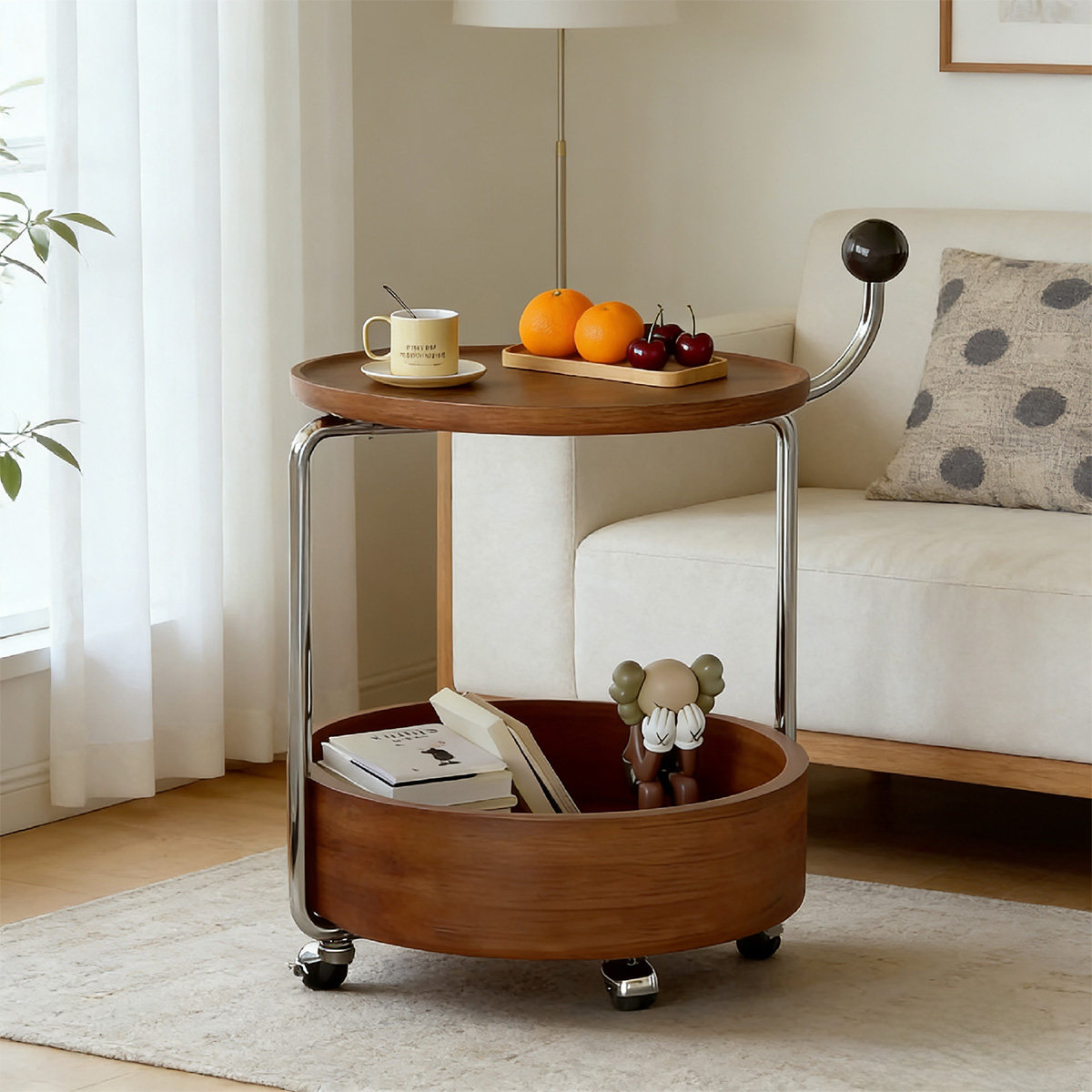 中古风圆形双层边几不锈钢可移动小推车客厅沙发角几小户型