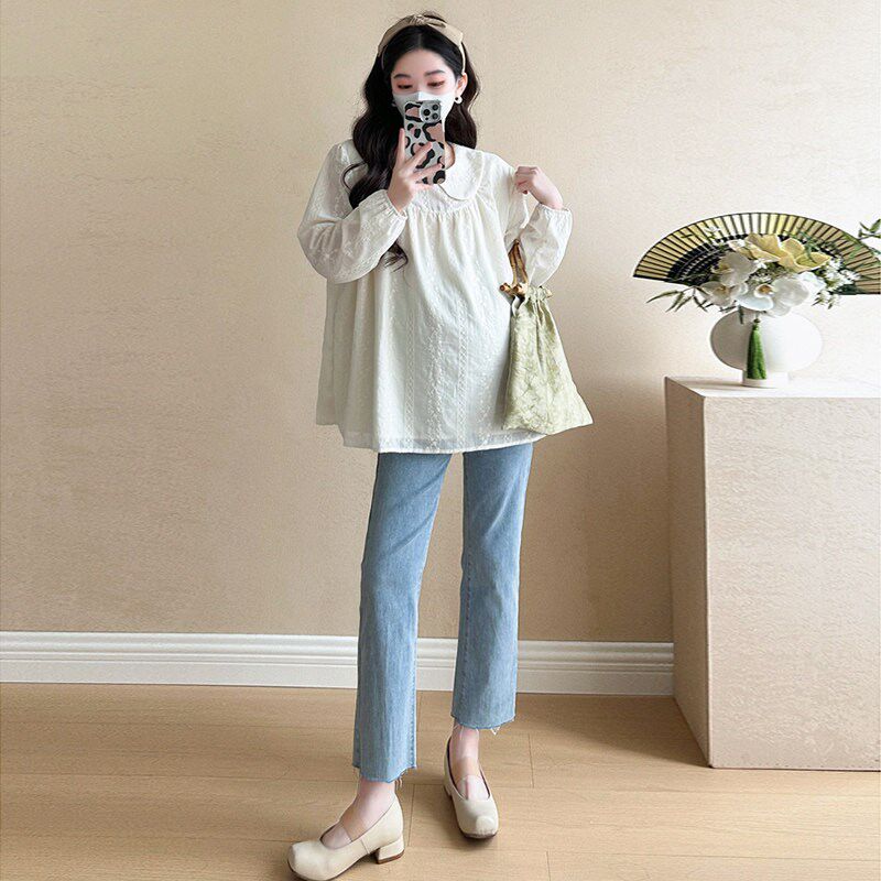 新品小个子娃娃衫孕妇装春装洋气减龄翻领M上衣宽松韩版衬衫遮肚