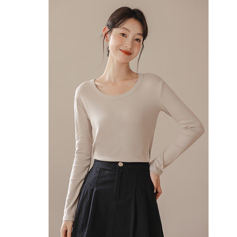 新品u领长袖t恤2025秋季内搭修身打底衫女M低领内搭针织白色上衣