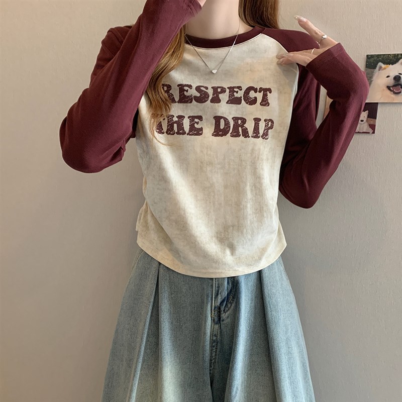 极速大码女d2024秋季新款美式复古长袖T恤胖mm设计感正肩显瘦插肩