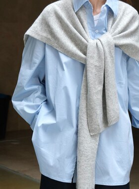新品蓝色oversize慵t懒松弛感翻领衬衫秋季新款韩版简约宽松外搭