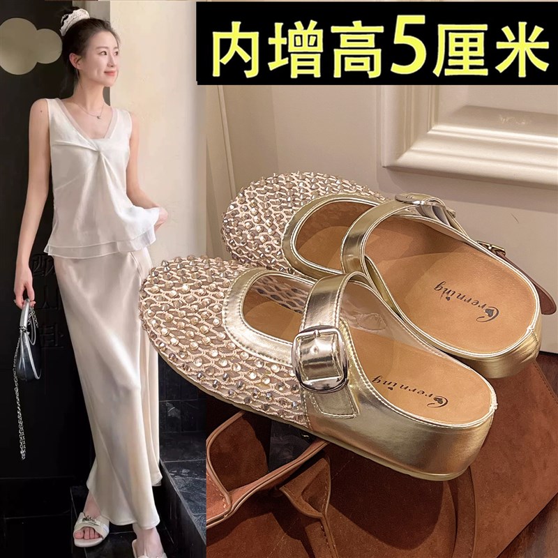 新品厚底内增高水钻勃肯包头半拖鞋女夏外穿2026新款渔Y网鞋凉拖图片