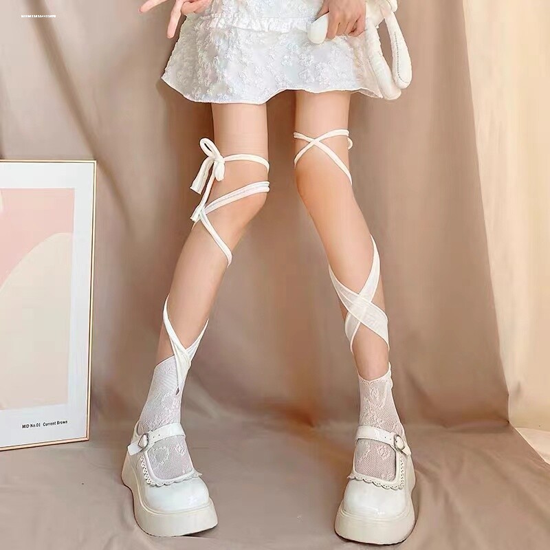 交叉绑带小腿袜暗黑风网红棉袜女JK堆堆袜白色中筒袜