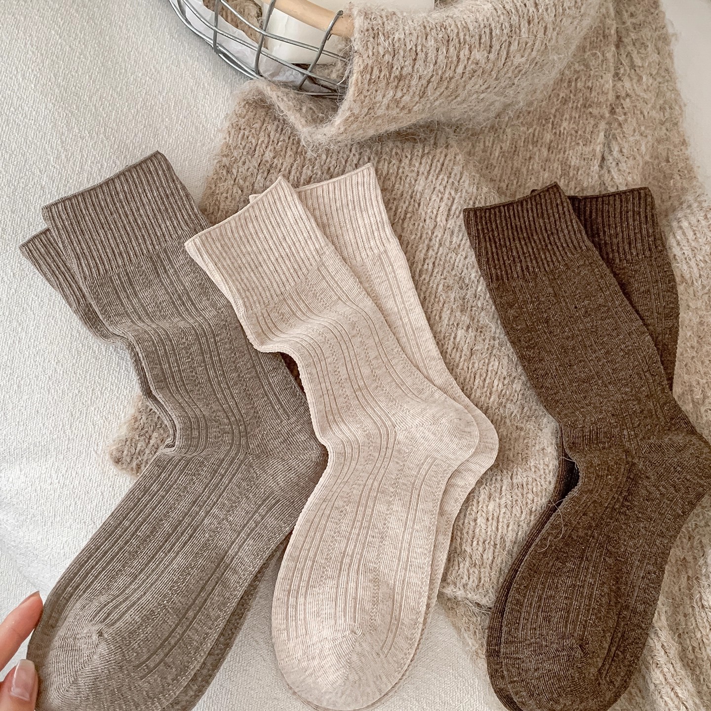 3双燕麦色-显瘦堆堆袜高筒袜