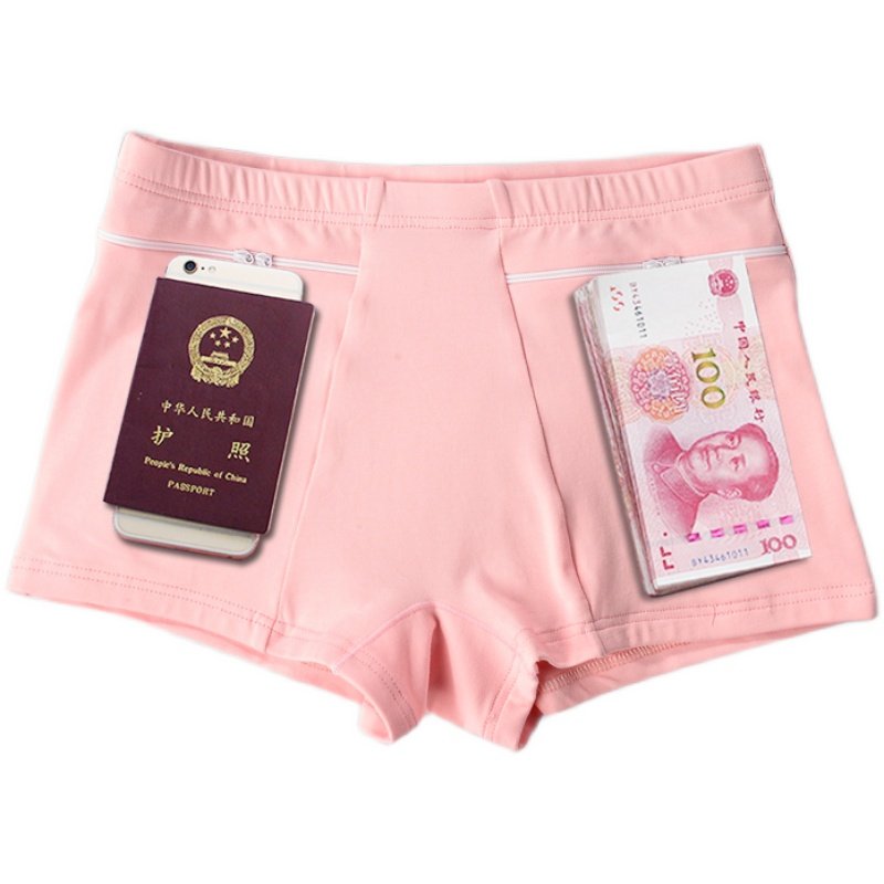 女士内裤纯棉口袋新款中腰安全裤拉链性感舒适防盗中年绿色平角裤