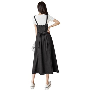 2024中长裙新款加大码百搭宽松收腰背带长裙牛仔吊带A字连衣裙女