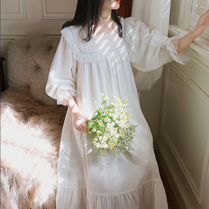 法式蕾丝公主风纯棉长款睡裙春夏宫廷风甜美白色长袖睡衣家居服女