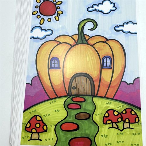 创意美术儿童画马克笔可爱小房子童话小屋建筑临摹卡初级涂色卡