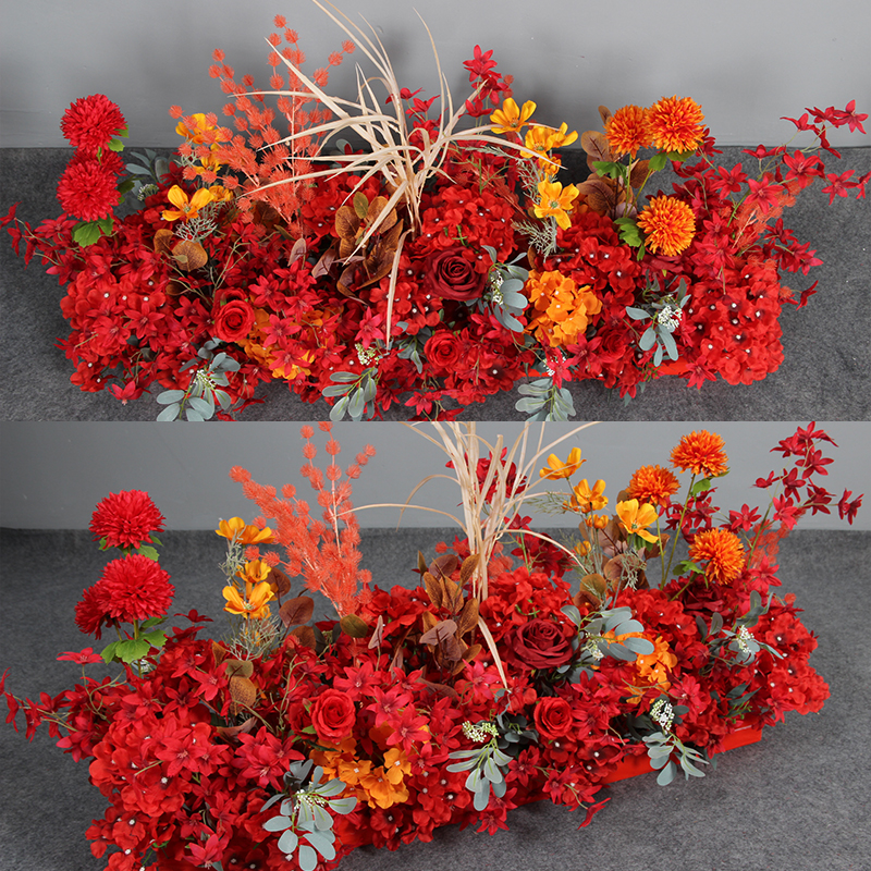 婚庆橘色系路引花 铁艺几何背景架子挂花 桔色花排红色背景墙花点