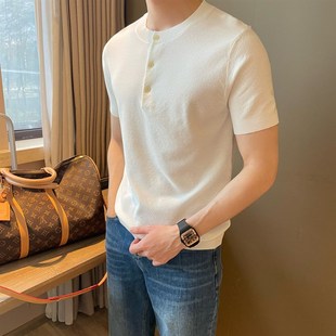 针织短袖 亨利领扣式 T恤蜂窝纹轻薄透气休闲套头轻熟毛衣 男士 夏季