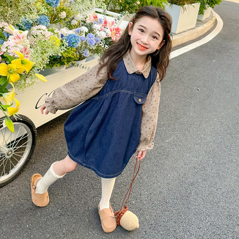 女童秋装套装洋气2024新款儿童碎花衬衫牛仔裙两件套女孩休闲衣服