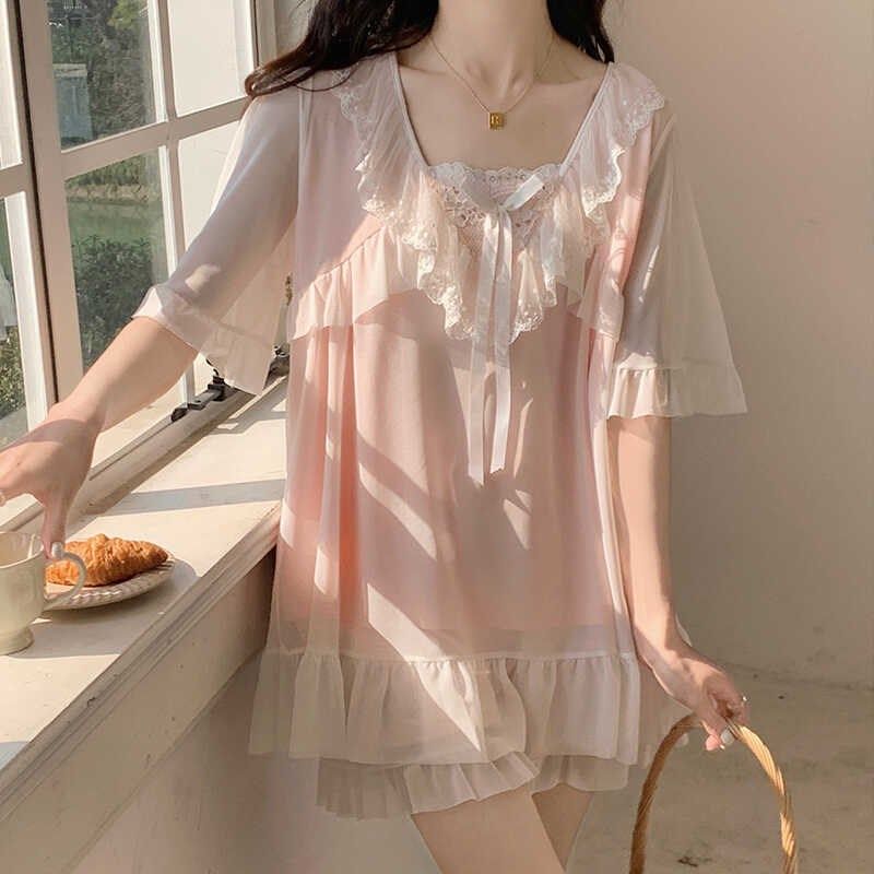睡衣女夏季短袖薄款蕾丝网纱甜美可爱宫廷公主风家居服两件套夏天